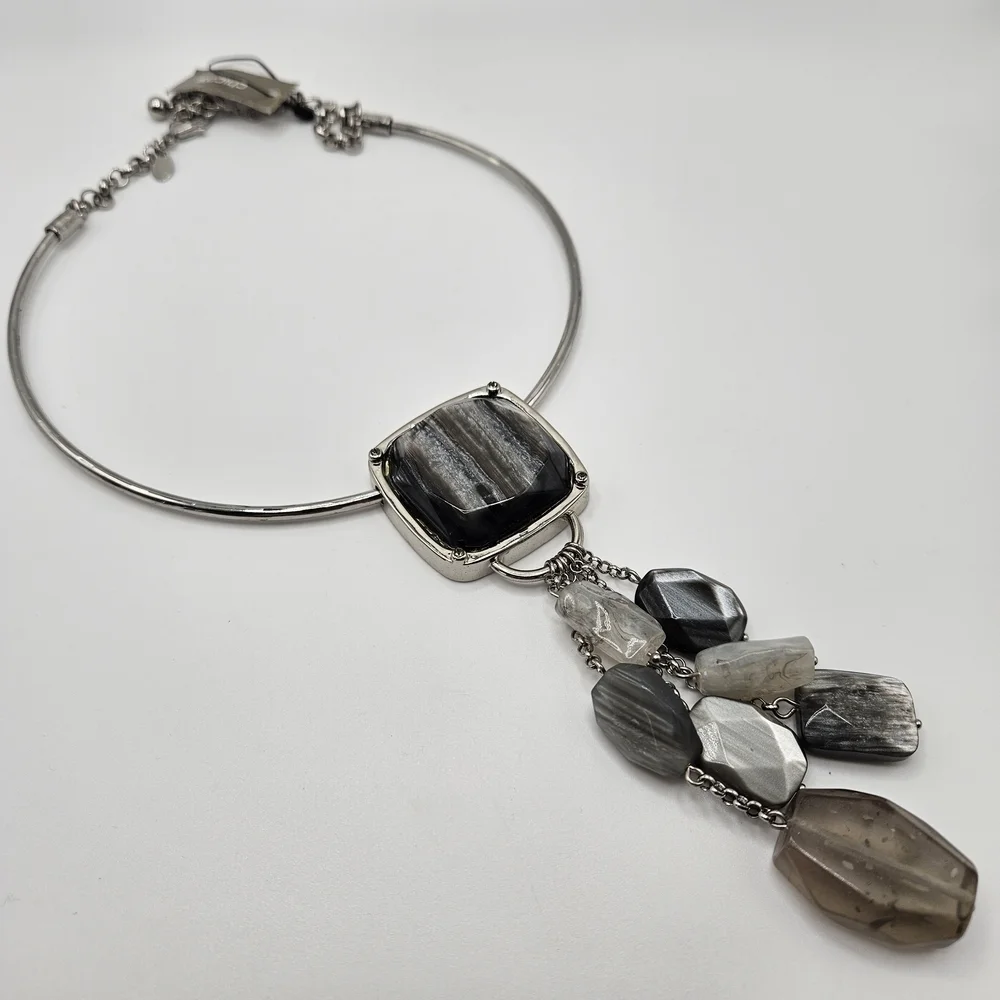 NEW Chico's Cinda Black Lucite Statement Dangle Necklace Silver Tone